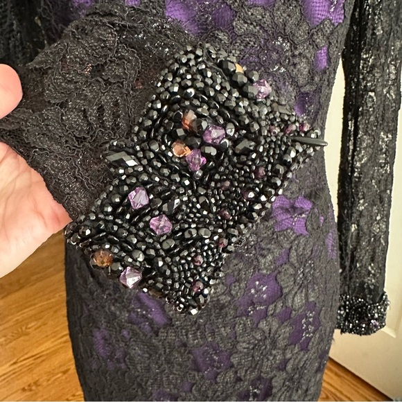 DAVID MEISTER Black Lace Cocktail Dress Beaded Cuffs, Purple Lining Size 6 - Picture 12 of 16